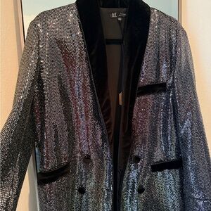 Zara Silver Sequin Blazer with Black Velvet Accents